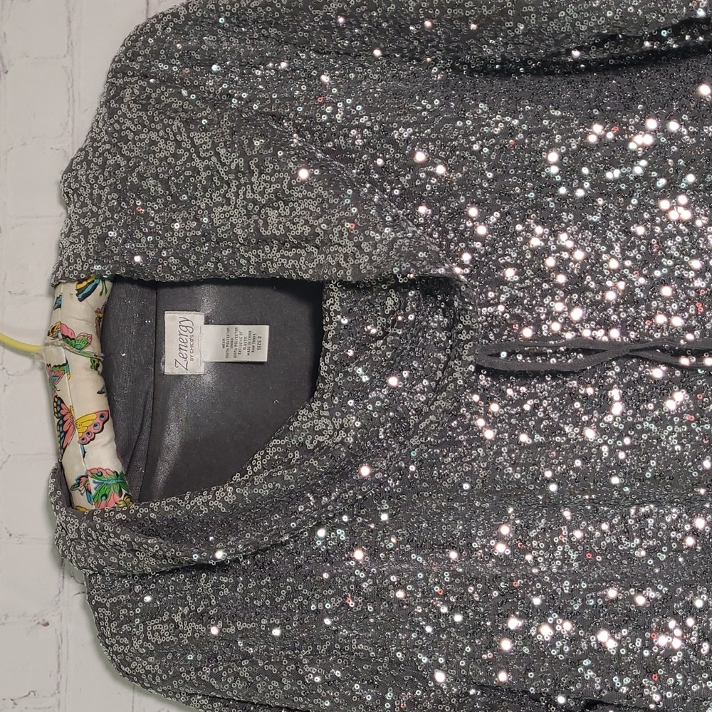 Zenergy By Chicos Silver Sequins Slouch Neck Quarter Sleeve Top Womens Size 3 - Picture 5 of 9